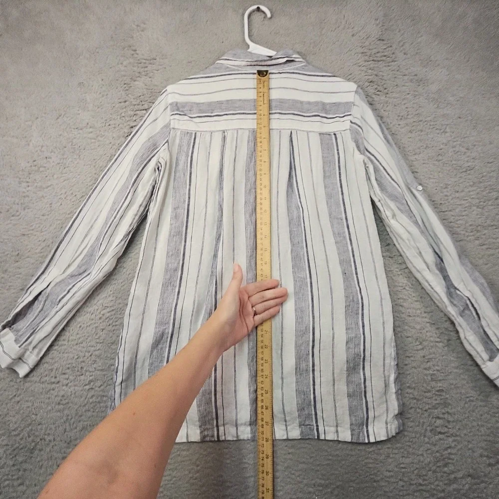 Athleta Shirt Womens XS White 100% Linen Striped Roll Tab L/S Top Coastal Beach‎